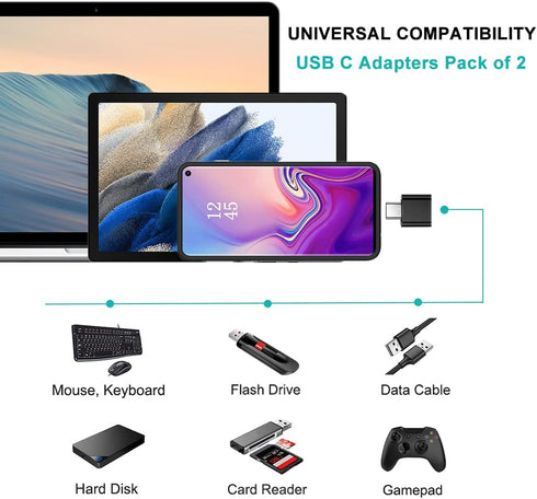 USB C to USB Adapter (Pack of 2), Type C to USB-A Converter, Compatible with MacBook, Tablets, Black and Silver