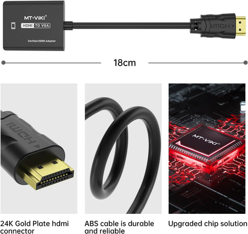 MT-VIKI HDMI to VGA Adapter, Gold-Plated Male to Female Converter, Compatible with Computer, Desktop, Laptop, Monitor,