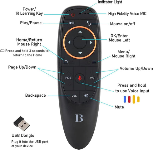 BL Air Mouse Remote Control, Voice Remote 2.4G RF Wireless with 6-Axis Gyroscope, USB Air Mouse for Smart TV