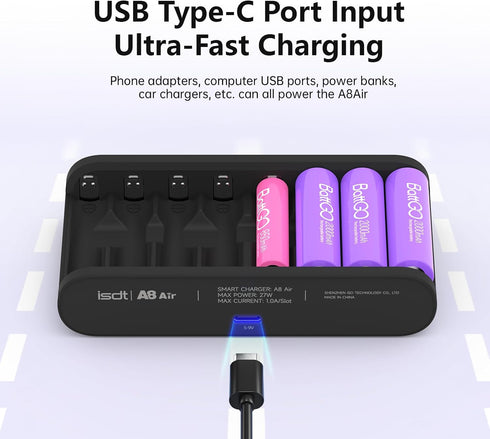 ISDT 8-Bay 1.2V 1.5V LiFePO4 Battery Charger AA AAA Rechargeable Batteries Portable Smart Charger Fast Charging USB