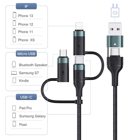 PD 60W USB C Multi Fast Charging Cable, 5-in-1 Nylon Braided Cord for Laptop/Tablet/Phone, 3A
