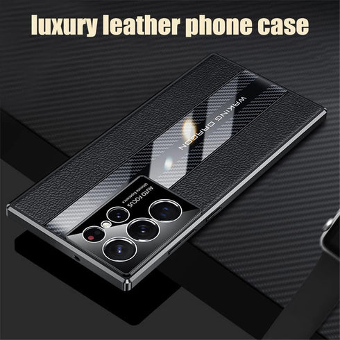 Samsung Galaxy S22 Ultra Case 5G, Luxury TPU Carbon Fiber & Leather Back Cover, Shockproof Phone Case Black