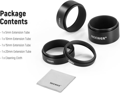 NEEWER 4 Pcs T2 Extension Tube Kit, 5mm 10mm 15mm 20mm with M42x0.75mm Thread for Astrophotography