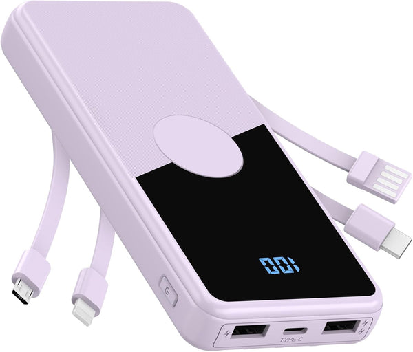 Portable Charger with Built-in Cables, High-Speed 10000mAh Power Bank, 5 Outputs, 3 Inputs for iPhone, Samsung
