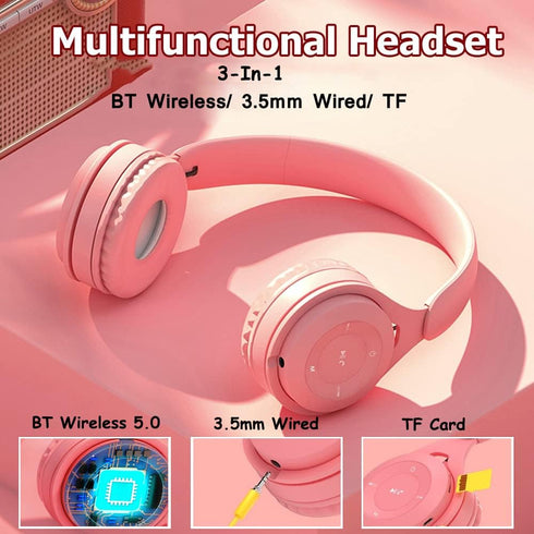 Kids Bluetooth Headphones, Over-Ear Wireless Bluetooth 5.0 Headset | Comfortable Earpads, HiFi Music Player (Pink)