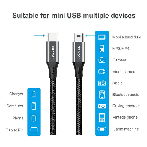 AGVEE 6ft USB-C to Mini USB Cable (2 Pack) - Braided OTG Charger for Hero 3+, PS3, Canon, Nikon, GPS, Blue Yeti, Dark