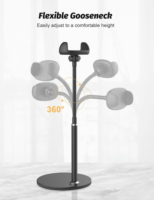 Adjustable Height & Angle Gooseneck Stand - Cell Phone Stand for Desk, Flexible Arm Universal Holder (Black)