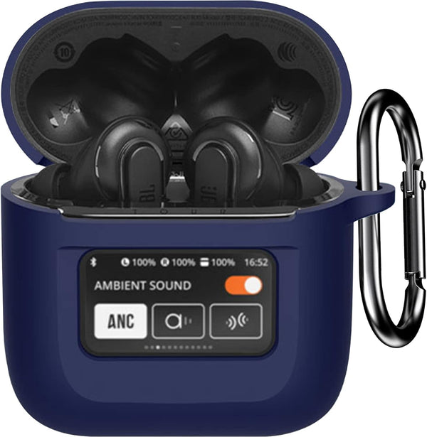Case Cover for JBL Tour Pro 2, Dark Blue Silicone Protective Shockproof Earbuds Case with Keychain, 2023 Compatible