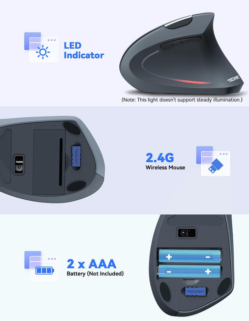 TECKNET Ergonomic Wireless Mouse - 4800 DPI Silent Mouse with 5 Adjustable DPI, 2.4G Vertical Mouse, Grey