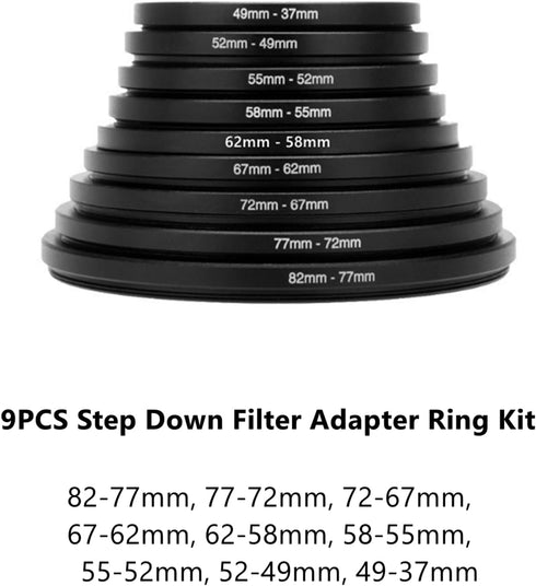 18 Pieces Filter Ring Adapter Set, Lightweight Aluminum Camera Lens Filter Stepping Rings Kit, 9 Pcs Step Up & 9 Pcs