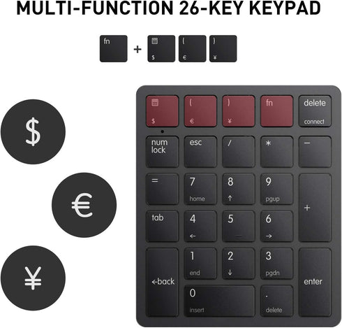havit Bluetooth Number Pad, Wireless 26 Keys Mini Numeric Keypad, Rechargeable for Laptop, Desktop, PC - Black
