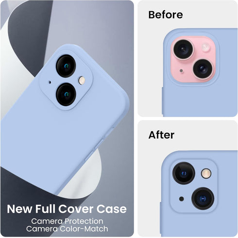 FireNova iPhone 15 Case - Light Blue Silicone, 6.1", with Camera Protection & 2 Screen Protectors, Soft Microfiber