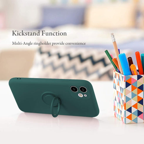 UEEBAI Slim Liquid Silicone Case for iPhone 11 (6.1 inch) - Dark Green with 360 Rotatable Ring Holder & Kickstand