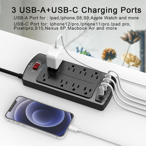 Nuetsa Surge Protector Power Strip with 8 Outlets, 4 USB Ports, 6 Feet Power Cord, 2700 Joules, Black