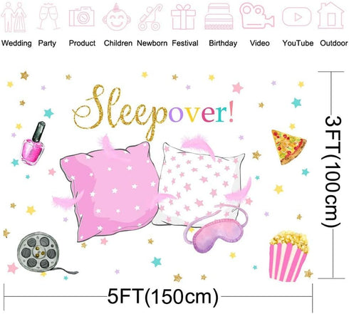 Mocsicka Sleepover Party Backdrop for Pink Girl Pajamas Pillow Fight Decorations, Slumber Party Banner (5x3ft)