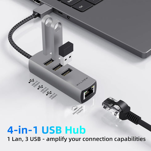 WALNEW USB 3.0 Ethernet Adapter, 4-in-1 USB Hub with 3 USB-A Data Ports and 1 Gigabit RJ45 Network, Multiport USB Splitter for Laptop,PC,Macbook Pro/Air 2015,Surface,Dell XPS,Chromebook,Thinkpad