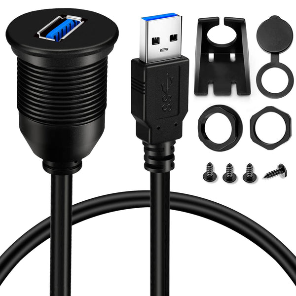 BATIGE 6ft Single Port USB 3.0 Male to Female Waterproof Car Mount Cable for Truck Boat Motorcycle Dashboard