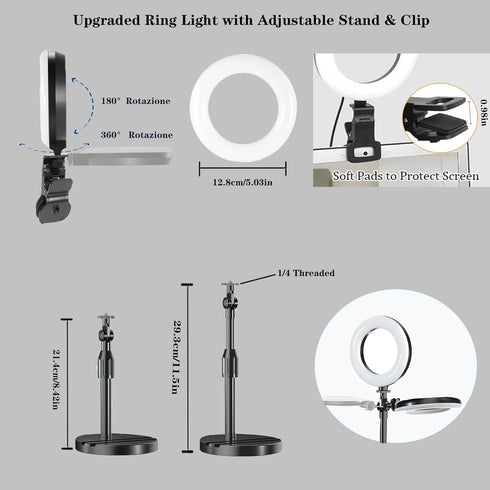 Amcuke 10W 3000K-6500K Ring Light with Stand, Desk Ring Light with Clip Upgraded Travel Desktop Light for Phone Selfie