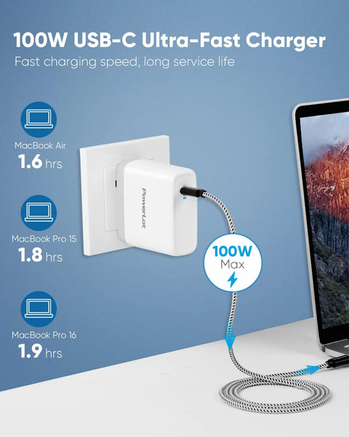 100W USB C Charger PowerLot Fast Wall Charger PD 3.0 with 5A 6ft Cable, Universal Charger Block for MacBook, iPad,