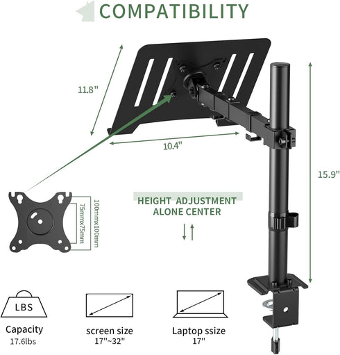 UPGRAVITY 17 inch 14-32 17.6 lbs, Clamp/Grommet 75/100mm Laptop Desk Mount, Single Laptop Stand Arm with Vented Tray