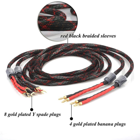 Tertullus 1 Pair Biwire Speaker Cable, 8 Spade Plugs, 4 Gold Plated Banana Plugs, HiFi for Stereo Receiver, 2m/6.56ft