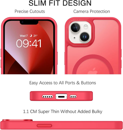 BENTOBEN iPhone 13/14 Case - Slim Shockproof Translucent Matte, Red, Compatible with MagSafe, 6.1" Protective Cover.
