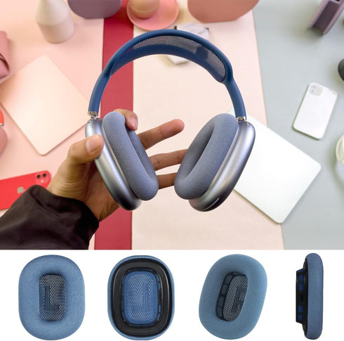 Replacement Ear Cushions for AirPods Max - Blue Mesh Fabric & Memory Foam Covers for Ultimate Comfort.