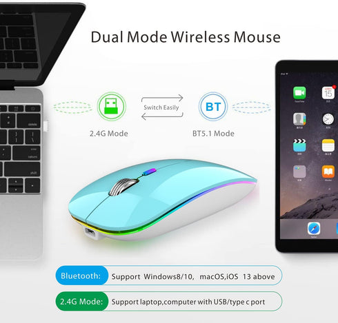 TENMOS Wireless Bluetooth Mouse, LED Slim Dual Mode (Bluetooth 5.1 + USB) 2.4GHz Rechargeable Silent Bluetooth Wireless