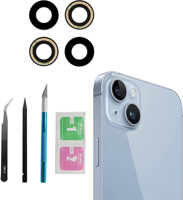 2pcs/Set Rear Back Camera Lens Covers Replacement for iPhone 14/14 Plus with Pre-Installed Adhesive + Repair Tool Kit