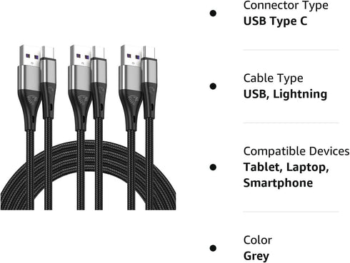 Premium Nylon Braided USB Type C Cable 3-Pack, 3ft, 3A Fast Charging for Samsung Galaxy S21, Note 20, LG V50.