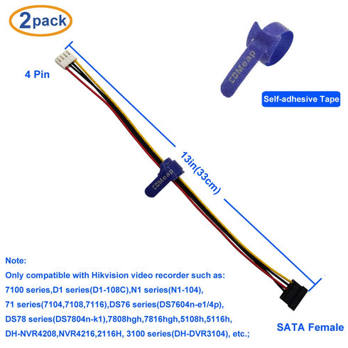 4 13-in(33cm) (2-Pack) COMeap SATA Power Cable for Hikvision Video Recorder, Pin to SATA Hard Drive HDD Power Adapter