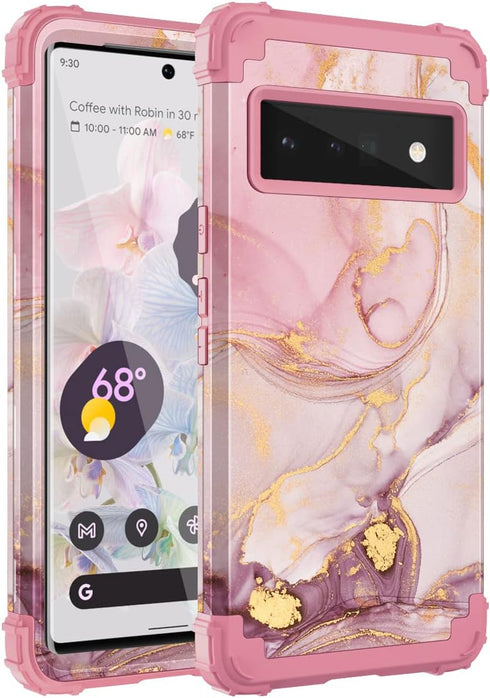 Google Pixel 6 Pro Case, Marble Rose Gold Women 3 in 1 Hard PC Soft Silicone Protective Rugged Bumper Cover