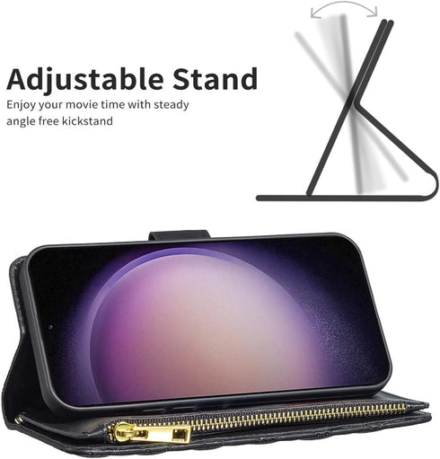 Asuwish Wallet Case for Samsung Galaxy S23 Plus 5G - Leather Flip, Tempered Glass Protector, Credit Card Holder, Black.