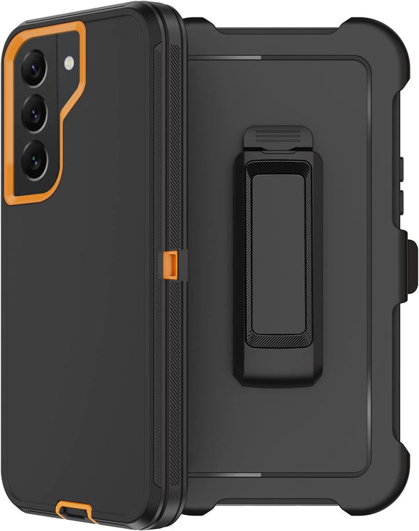 Samsung Galaxy S22 Heavy Duty Case with Belt Clip Holster, Rugged Shockproof Cover & 2X Screen Protectors (Orange)