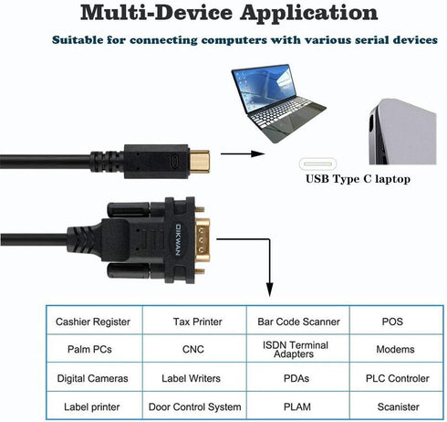 USB Type C to RS232 DB9 Serial Port Adapter Cable, FTDI Chipset, Supports Windows and Mac Linux