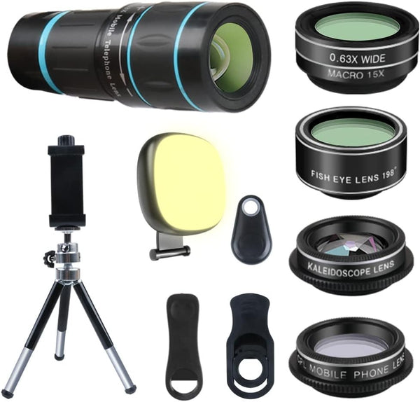 Phone Camera Lens Kit, 6 Lenses + LED Light + Remote Shutter + Tripod for iPhone & Android
