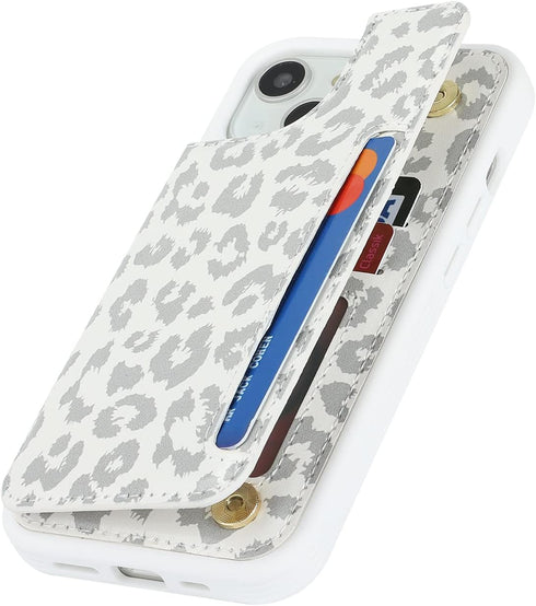 iCoverCase iPhone 13 Phone Case with Card Holder, RFID Blocking PU Leather Protective Case for iPhone 13, Gray Leopard