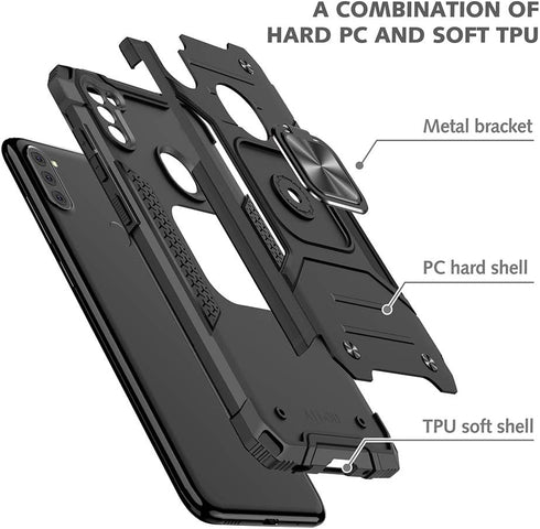 Samsung A11 Phone Case with Screen Protector, Hard Rubber Bumper with 360° Rotation Ring Kickstand