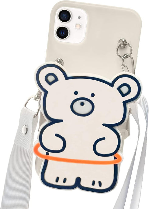 SGVAHY Cute iPhone 13 Wallet Case - Kawaii Bear White, Soft Silicone, Shockproof, with Strap Lanyard & Coin Purse.