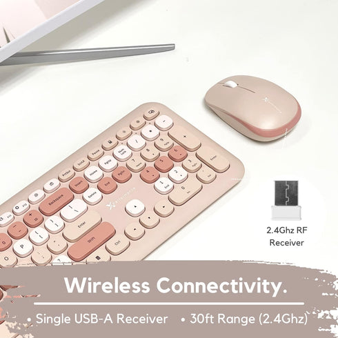 X9 Colorful Wireless Keyboard and Mouse Combo - 2.4Ghz - Cute Set for PC and Chrome (110 Keys, 18 Shortcuts, Brown)