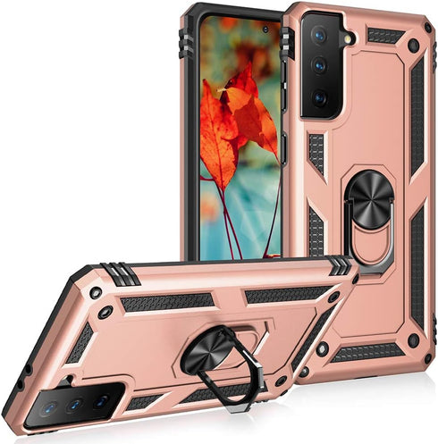 Samsung Galaxy S21 Plus Case 5G Military Grade Heavy Duty Armor Shockproof with Metal Rotating Ring Kickstand (Rose