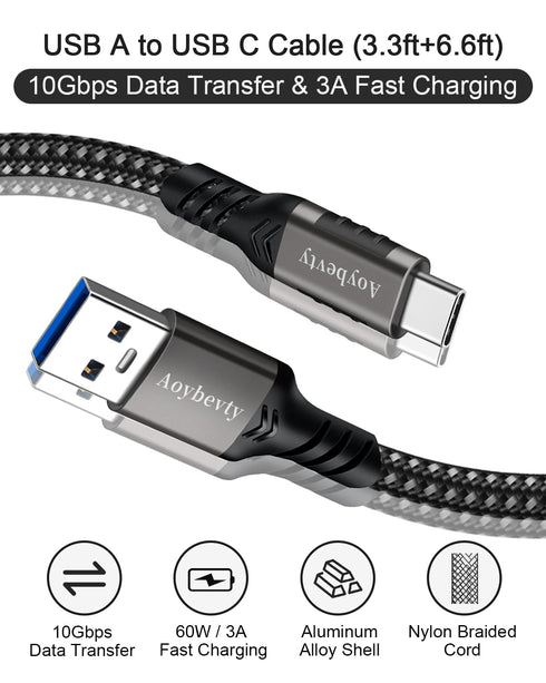 USB A to USB C Cable 3.3ft+6.6ft, 10Gbps Data Transfer and 60W 3A Fast Charging 3.1/3.2 Gen 2 Cable, for Samsung Galaxy MacBook Laptop Tablet Phone and Other Type A to Type C Device