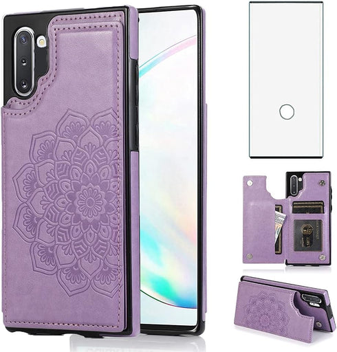 NKECXKJ Samsung Galaxy Note 10 Case with Tempered Glass Screen Protector, Credit Card Holder Slot, PU Leather Wallet