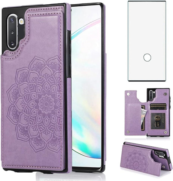 NKECXKJ Samsung Galaxy Note 10 Case with Tempered Glass Screen Protector, Credit Card Holder Slot, PU Leather Wallet