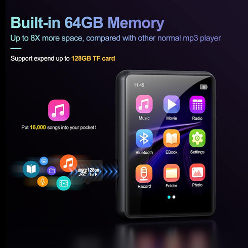 MP3 Player with Bluetooth 5.3, Portable HiFi Lossless Sound Music Player, 64GB Built-in Memory, Supports up to 128GB TF