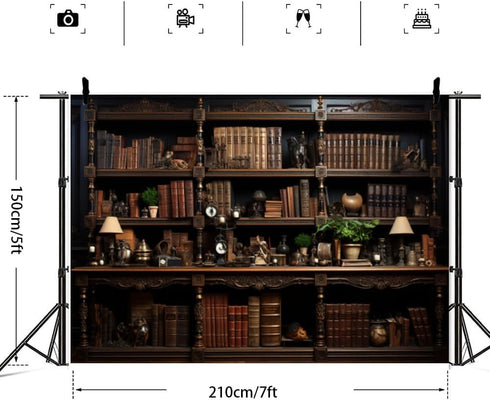 Action Bloom 7x5ft Vintage Bookshelf Backdrop Retro Study Room Photography Background for Zoom Meeting Online Teaching