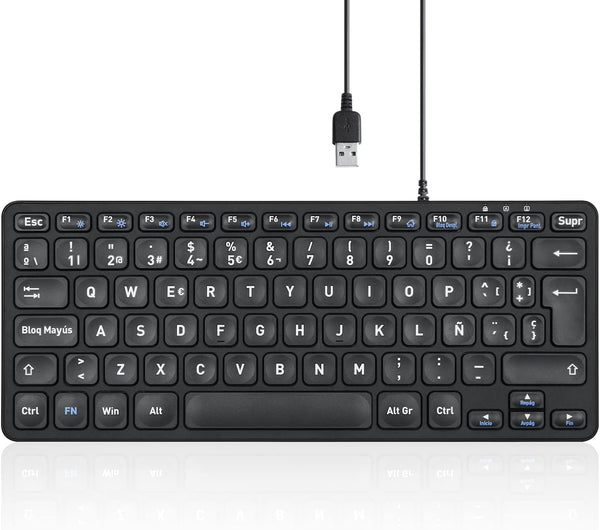 Perixx PERIBOARD-432 Mini USB Keyboard with Cable, Type X Scissor Keys, Large Print Letters, Spanish QWERTY