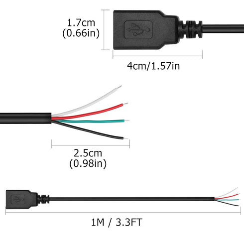 YAODHAOD USB A Female 4 Pin Bare Wire, 5V 2A USB 2.0 Extension Cable for DIY Repair (5pcs)