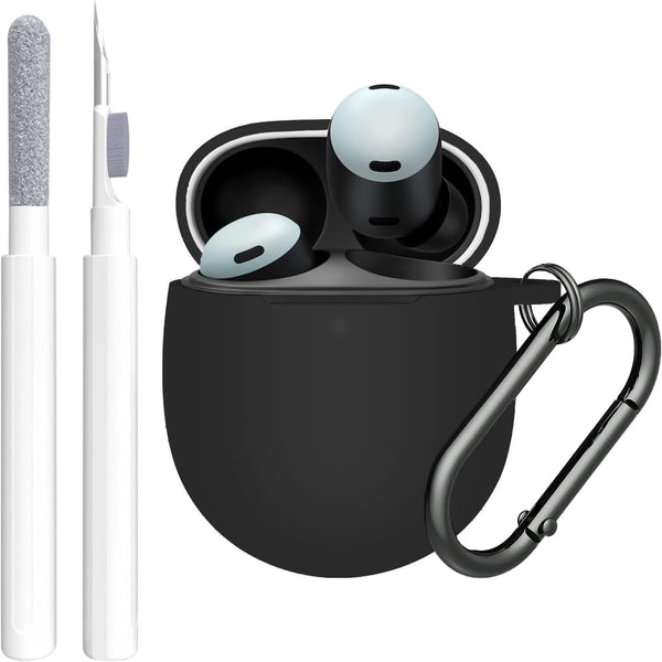 Google Pixel Buds Pro Case Cover 2022 with Cleaner Kit, Soft Silicone Shockproof Protective Case with Carabiner (Black)