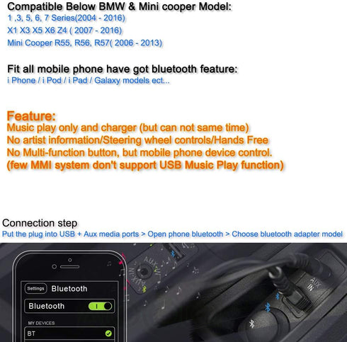 Bojer Bluetooth Adapter, Compatible with Mini Cooper BMW Car, Apple Android Phone Music AUX Wireless Devices